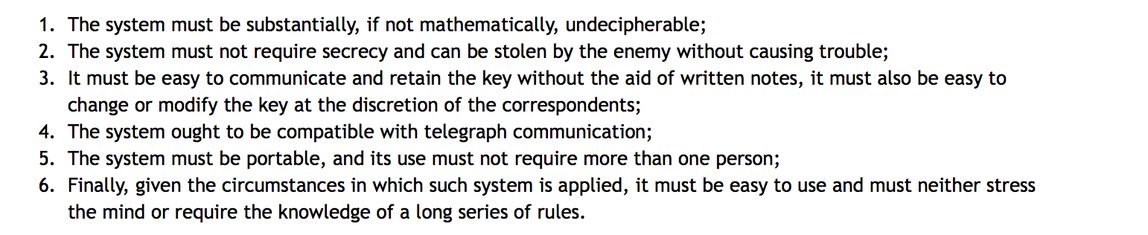 Kerckhoffs's six principles: 1. The system must be substantially, if not mathematically, undecipherable. 2. It must not require secrecy and can be stolen by the enemy without causing trouble. 3. The key must be easy to communicate and retain without written notes, and easy to change. 4. It ought to be compatible with telegraph communication. 5. It must be portable, and its use must not require more than one person. 6. It must be easy to use and must not require the knowledge of a long series of rules.