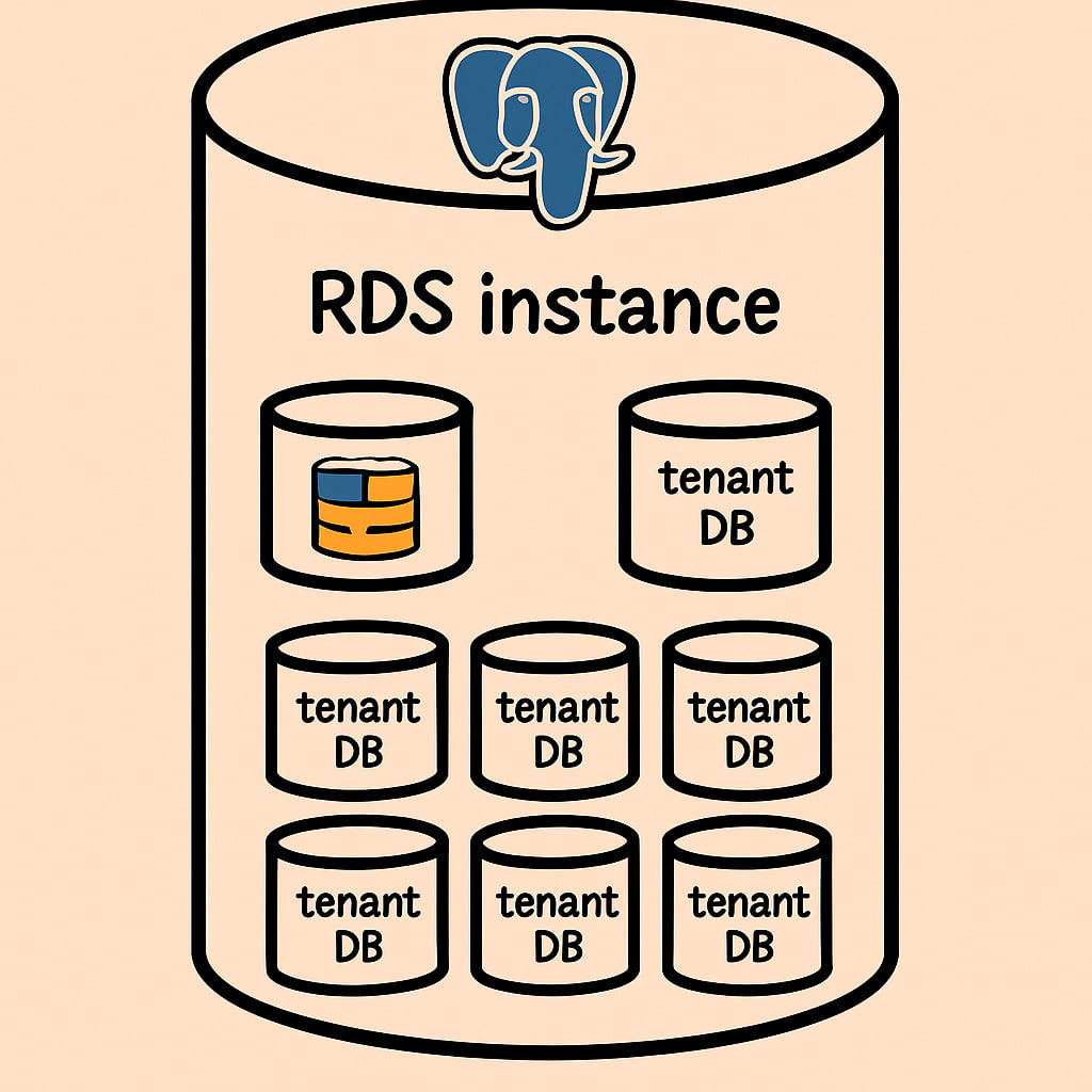 Diagram: one RDS Postgres instance holding many separate tenant databases.